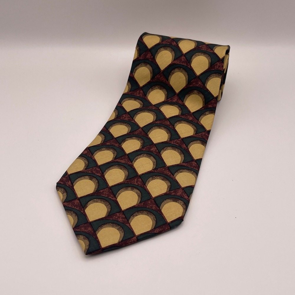 VTG Burberrys of London Silk Tie Geometric Pattern Gold Green Burgundy Made USA‎